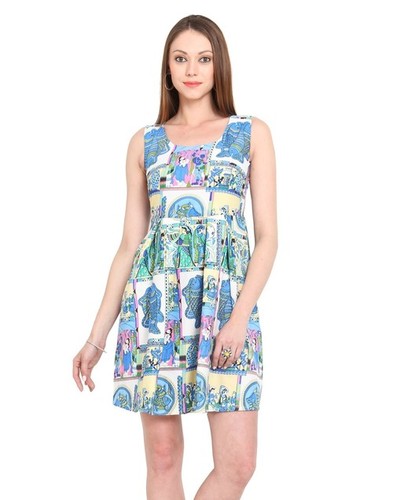 Printed Wrap Dress - Polyester, Small to XX-Large | Sleeveless, Blue, Curved Hemline, Casual Wear, Cool Dry, Quick Dry