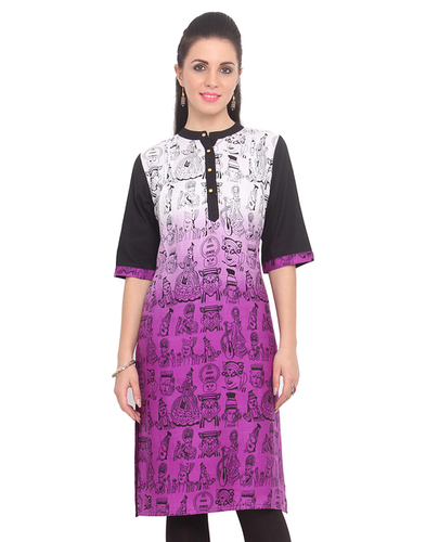 Ladies Het Kurti - Cotton, Sizes S-XXL, Purple | Stylish Design, Comfortable Fit, Mandarin Collar, Half Sleeves, 41 Inch Length