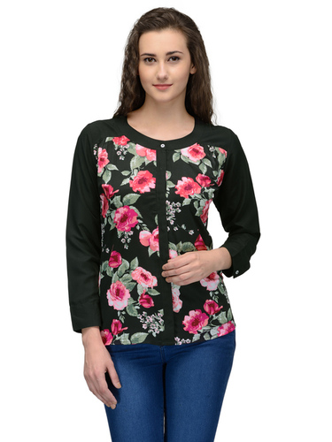 TOPS - Cotton, S to XL, Black | Soft Fabric, Floral Print, Stylish Design, Comfortable Fit, Three-Quarter Sleeve