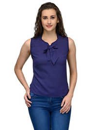 Blue Poly Crepe Women's Ruffeld Top