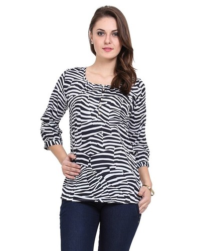 Scooped Neck Top - Polyester, 26 Inch, White | Comfortable, Stylish, Durable, Soft Fabric, Perfect Fit, Zebra Pattern, Three-Quarter Sleeve
