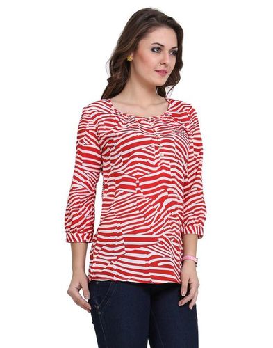 Scooped Neck Top - Cotton Blend, Sizes S-XXL, Red | Soft Fabric, Stylish Design, Comfortable Fit, Zebra Print, Three Quarter Sleeve