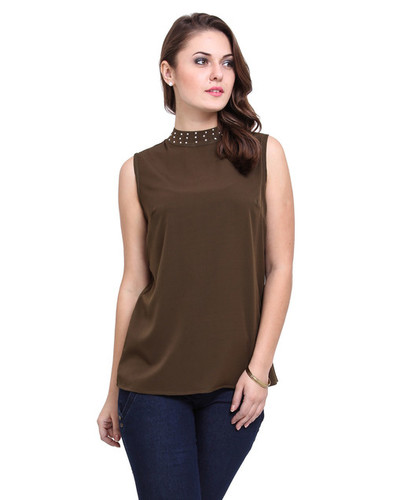 High Neck Sleeveless Embellished Top