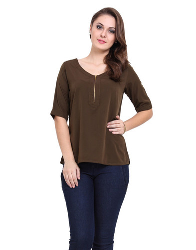 Zipper Top - Polyester, S-XXL, Brown | Stylish Design, Comfortable Fit, Half Sleeves, V-Neck