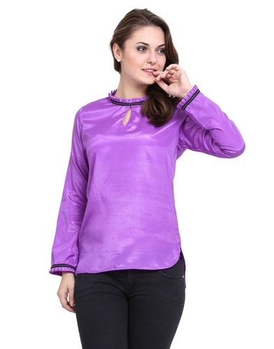 Ruffled Neck Back Button Top