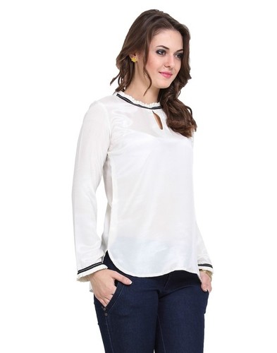 Ruffled Neck Back Button Top