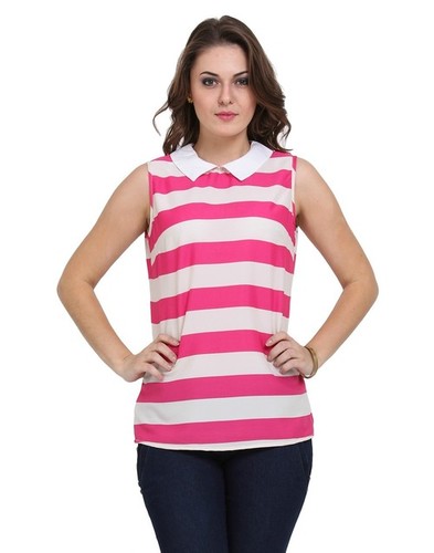 PeterPan Collar Toop - Cotton Blend, Sizes S-XXL, Pink, Sleeveless, Striped, 26 Inch Length, Comfortable Fit