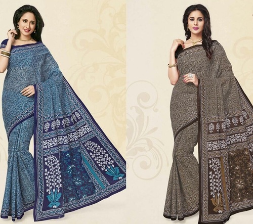 Floral Print Plain Cotton Sarees