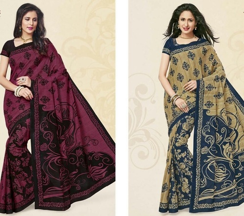 Red & Brown Cotton Printed Sarees