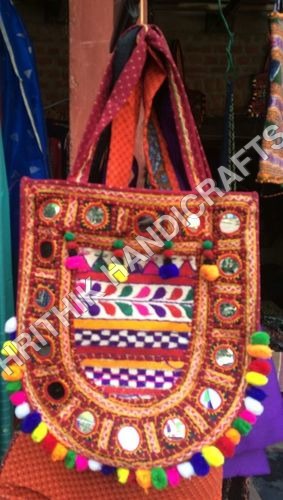 Rajasthani Bag - Cotton Fabric, 12-16 Inches | Multi-Color, Lace and Embroidered Design, Zip Closure, Lightweight