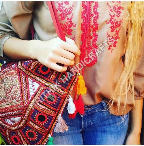 Rajasthani Bag - Cotton Fabric, 250-350 Grams | Red, Cream, and Purple Embroidered Design, Zip Closure, Handles