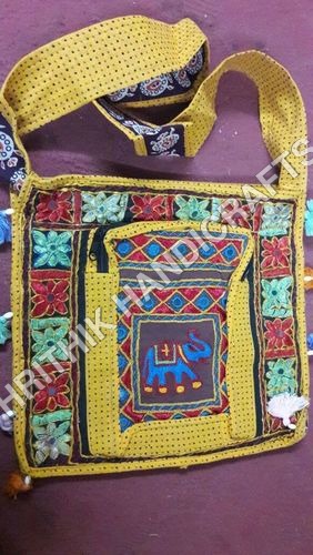 Rajasthani Cotton Fabric Bag - 200-300 Grams , Yellow, Blue, Brown, Green with Embroidery Design and Zip Closure
