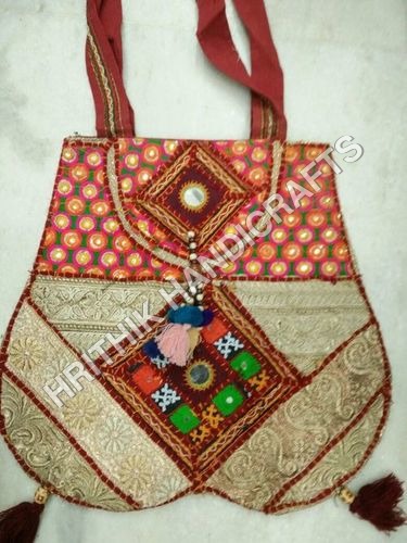 Rajasthani Bag - Cotton Fabric, 200-250 Grams | Red and Golden Color, Mirror Design, Zip Closure, Handles Included