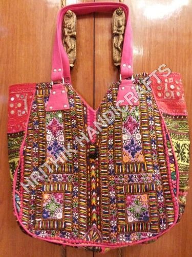 Banjara Bag - Cotton Fabric, 12-14 Inch Size, Pink Color | Embroidered Design, Zipper Closure, Stylish Handles