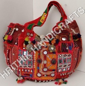 Banjara Bag - Cotton Fabric, 8-12 Inch | Red and Yellow, Embroidered and Mirror Design, Zip Closure, Handles Included