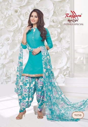 Blue Synthetic Printed With Lace Work Patiala Salwar Suit