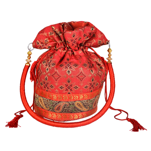 Fabric Potli Bag - Brocade Polyester Silk, 7x7 Inch Round Shape, Handmade Gift Packing in Vibrant Red