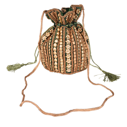 Beaded Potli Bag - Brocade 8x8 Inch Handmade Green Round Shape for Gift Packing