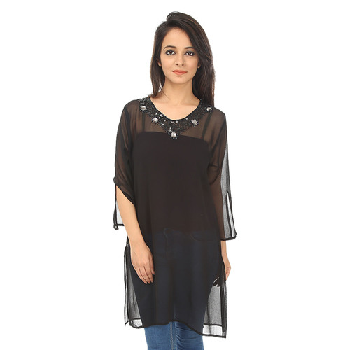 Women Western Dress - Chiffon, Knee-Length, Black | Embroidered, Stylish Design, Comfortable Fit, Elegant Look, Versatile Style, Round Neck, Three-Quarter Sleeve