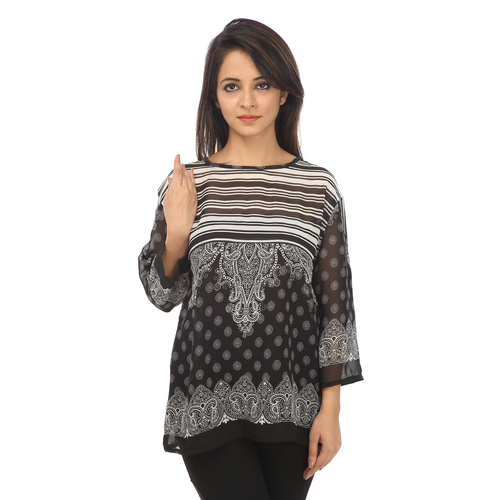 Women Western Dress - Chiffon, S-XL, Black | Stylish Design, Comfortable Fabric, Elegant Look, Versatile Style, Three-Quarter Sleeve