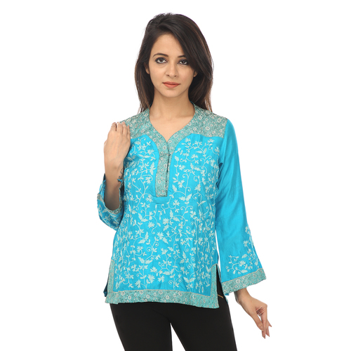 Women Western Dress - Silk, 24" Length, Turquoise | Floral Embroidery, Elegant Style, Comfortable Fit