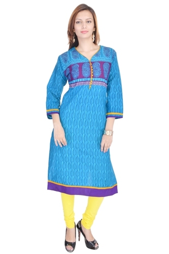Long Cotton Kurti - 3/4th Sleeve, 36-44 Bust Size | Elegant Blue Printed Design, Casual to Formal Wear