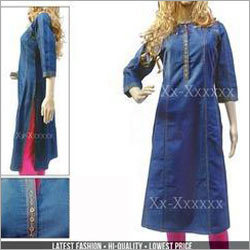 Ladies Denim Kurti - Denim Blue Round Neck Three-Quarter Sleeves | Embroidered Stylish Comfortable Durable Trendy Versatile Regular Fit Long Length