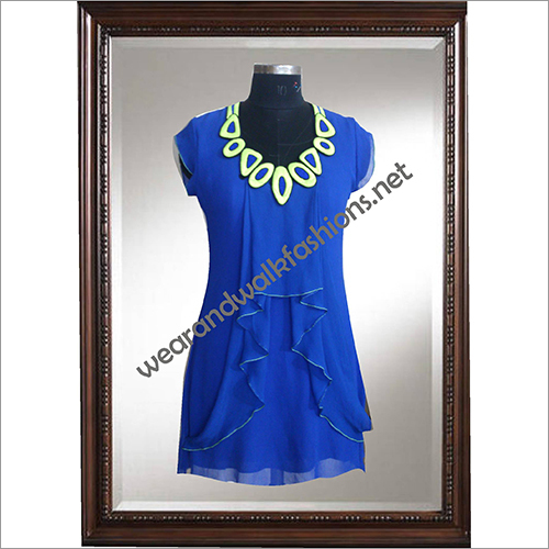 Geometric Shapes Neck With Thread Work - Polyester, Knee-Length, Blue | Elegant Design, Unique Neckline, Soft Fabric, Comfortable Fit
