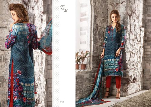 Tm inayat Georgette Satin Print Suit - Blue Pure Crape Bottom, Chinnon Dupatta, Swarovski Embroidery, Elegant Design