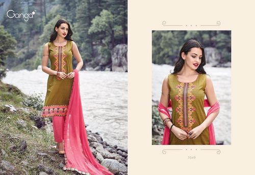 Ganga Saumya Cotton Embroidery Suit - Pure Cotton Fabric, Gold Bottom, Chiffon Dupatta | Detailed Embroidery, Comfortable Wear, Elegant Look