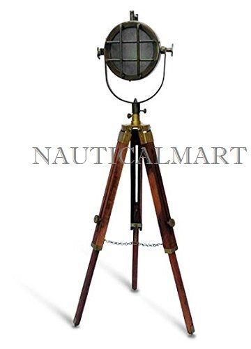 40"Antique Shaded Spot Light Wooden Tripod Floor By Nautical Mart Inc.