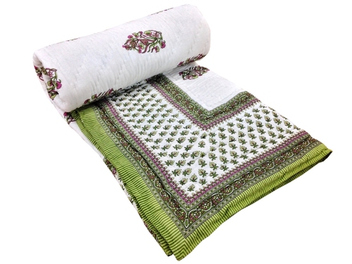 Green Printed Double Bed Quilt - Cotton, Double Size, Green | Hand Block Print, Reversible, Elegant Design