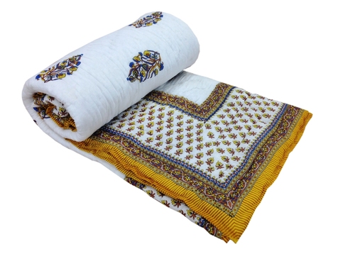 Ethnic Jaipuri Print Cotton Quilt - Double Size, Off-White, Reversible Hand Block Design