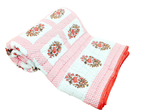 Exclusive Latest Double Bed Quilt - Cotton, Double Size, Pink | Hand-Blocked Floral, Reversible Design, Soft Cotton