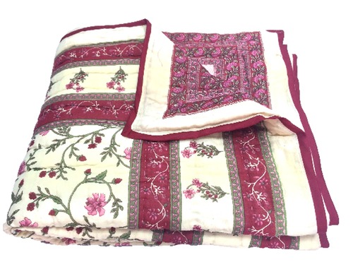 New Traditional Double Bed Quilt - Cotton Double Size Burgundy, Handcrafted Reversible Block Print Design