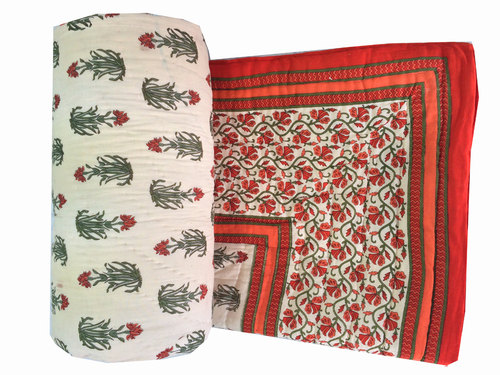 Traditional New Printed Double Bed Quilt - Cotton, Double Size, Red | Hand-Printed, Reversible, Floral Design, Elegant, Soft, Warm