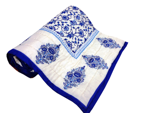 White And Blue Printed Single Bed Quilt