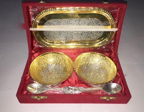Gold Plated Brass Bowl Set With Tray