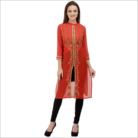 Jacket Style Embroidered Kurti with Zipper&LiningA