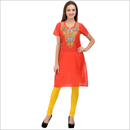 Red Cotton Embroidered Kurti