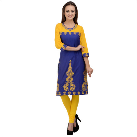 Printed Blue Round Neck Cotton Kurti