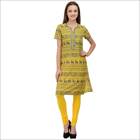 Yellow Cotton Printed Kurti