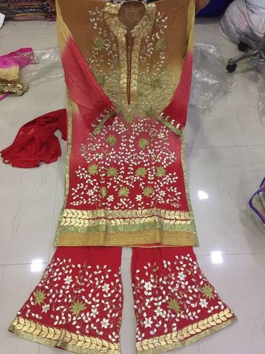 Gota Shaded Pure Georgette Heavy Suit - Georgette Fabric, Red Color, Sharara Bottom, Chiffon Dupatta, Gota Embroidery