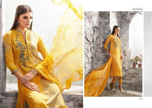 Sahiba Oria Cotton Satin Dori Embroidery Suit - Cotton Satin, Yellow, Three-Piece, Pure Chiffon Dupatta