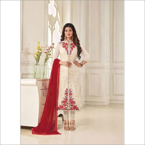 Cream Colour Long Embroidery Georgette Salwar suit