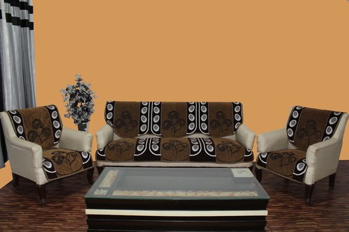 Chenille Sofa Cover Farari - Chenille, Single Seater (69x59x1 cm) & 3 Seater (69x177x1 cm), Coffee Color, Printed Design, Machine Made