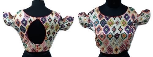 Kalamkari Blouses - Silk, Sizes L, M, S, XL, Off White Color | Embroidered, Short Sleeves, Printed Pattern, Ethnic Design with Lace Decoration