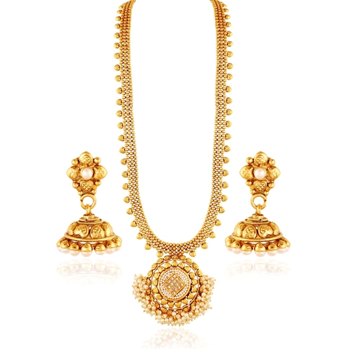 Dangling Pearl Necklace Set - Copper Antique 28x10x1 cm, White Color with Hi-Gold Plating & Flawless Austrian Diamonds