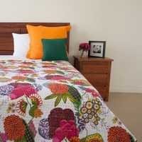 White Floral Print Kantha Blanket