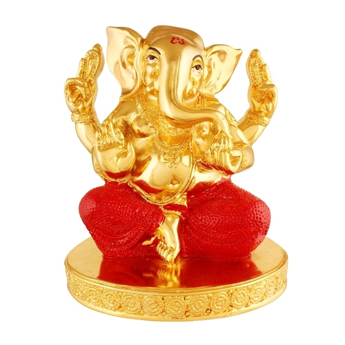 Gold Plated Brass Ganesha Idol Statue - 15x8x15 cm | Red Stone Color, Symbol of Success and Wisdom for Feng Shui Prosperity